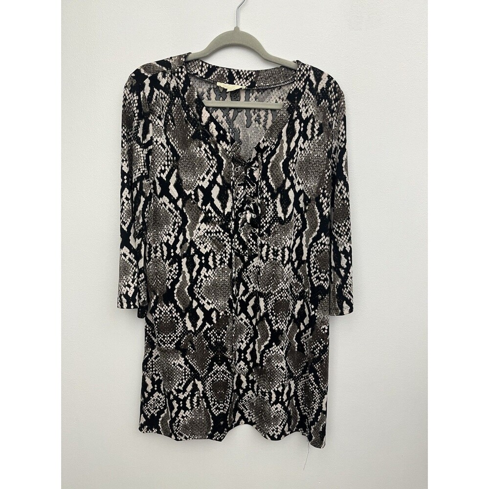 Sandiva Women's Tunic Blouse L Gray Black Snakeskin Lace Up V-Neck 3/4 Sleeve